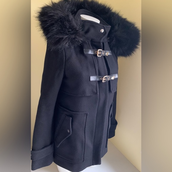 Zara black 75% wool winter jacket coat hood with black fur buckles zipper pocket - Picture 3 of 14